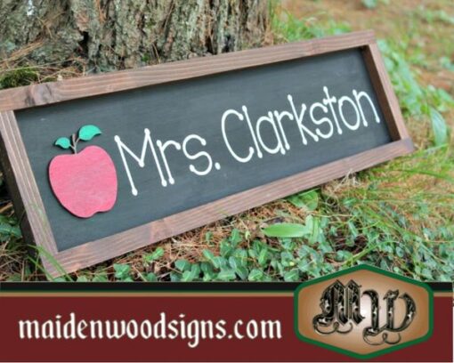 7"x23"" Teacher Name Sign Framed Rustic with apple