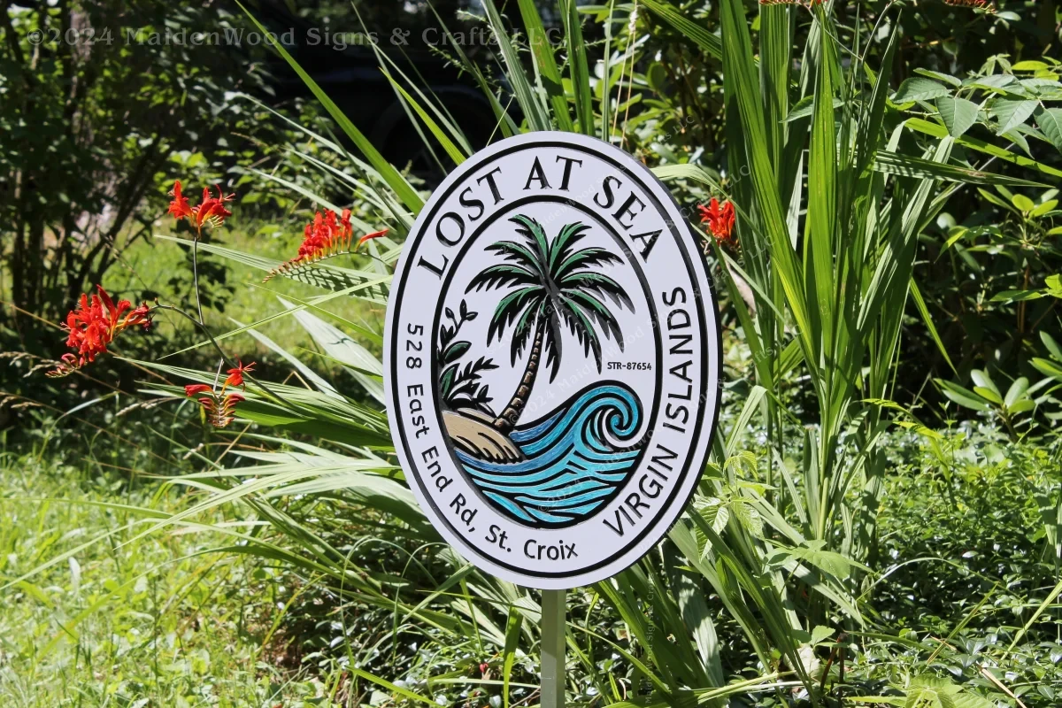 Custom tropical sign with hand-painted palm tree and ocean wave, designed for tropical-themed spaces or beach homes.