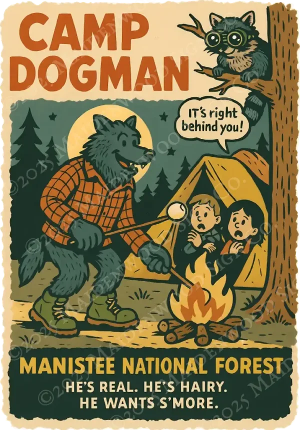 Alternative view of Camp Dogman T-Shirt – Manistee National Forest | Funny Michigan Cryptid Shirt