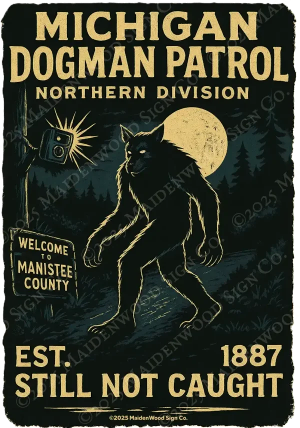Alternative view of Michigan Dogman Patrol T-Shirt – Northern Division | Retro Cryptid Ranger Apparel