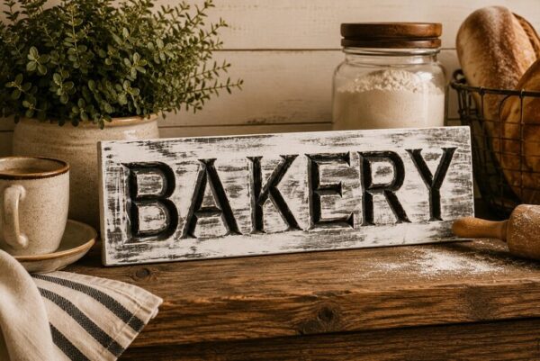 Alternative view of farmhouse BAKERY sign old looking