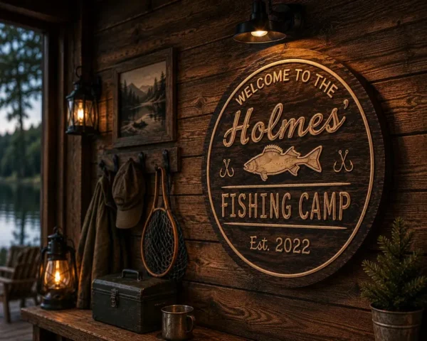 Alternative view of Personalized Fishing Camp Sign | custom round signs