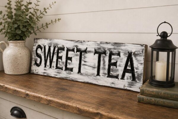 Alternative view of distressed farmhouse SWEET TEA sign